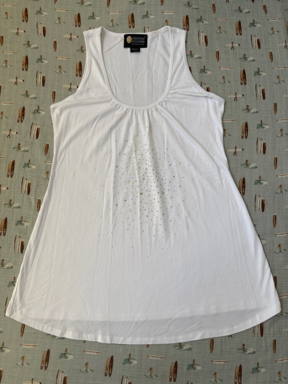 Christine Alexander White Scoop Neck Tank with Rhinestone Accents